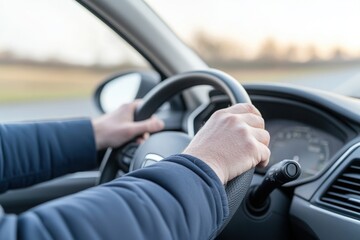 A man is driving a car, holding the steering wheel with both hands. The background shows a rural road and a countryside landscape.