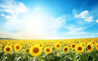 A vibrant sunflower field under a bright blue sky, showcasing nature's beauty and tranquility.