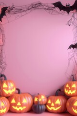 Halloween pumpkins with bats and spider webs on a pink background.