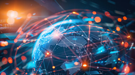 A top-tier international business leader at the center of a global virtual meeting, leading discussions on international business growth and cross-border trade