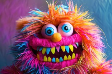 A fun and colorful rainbow furry monster puppet with large eyes and sharp teeth, perfect for children’s entertainment and puppet shows.