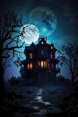 Halloween Mansion, Halloween Haunted House, Haunted Mansion under Moonlight, haunted Mansion