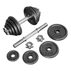 Black Adjustable Dumbbel and one taken apart with rod handle, weight plates and locks. Png clipart isolated on transparent background