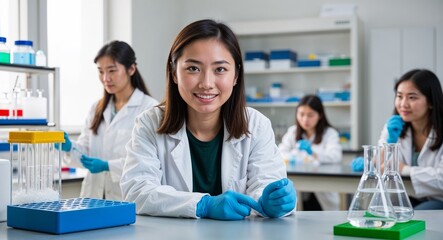 Curious Asian female college student in research lab