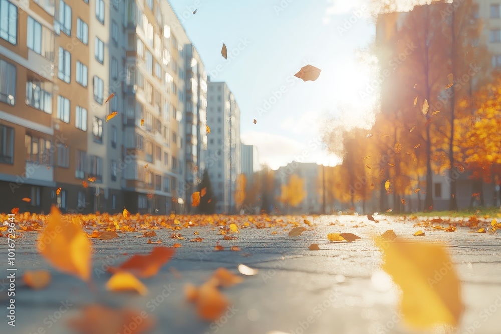 Sticker Blurred autumn park, city, autumn nature, october background