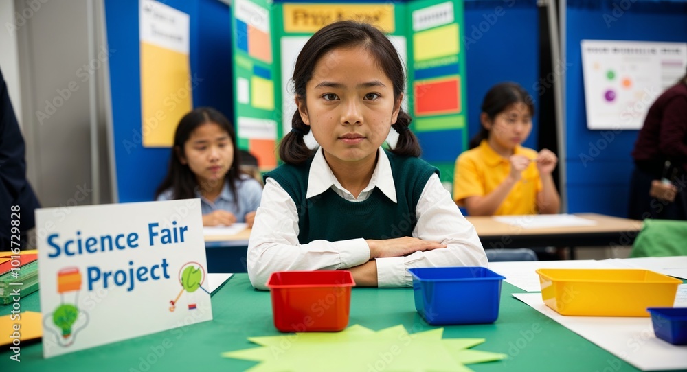 Wall mural Determined Asian elementary school girl with science fair project backdrop