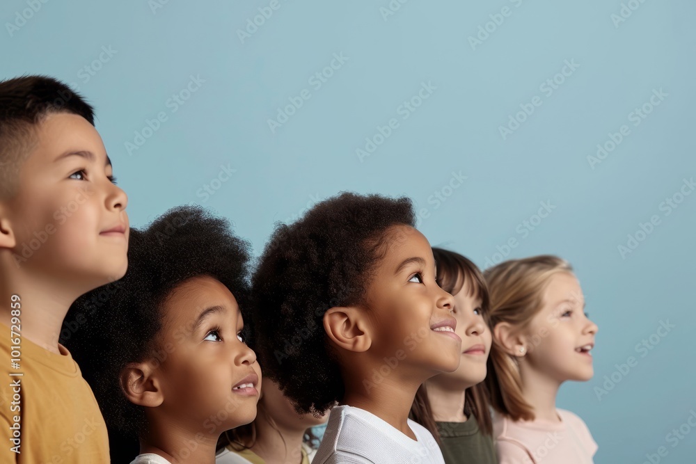 Wall mural group of happy african american kids looking up isolated on blue