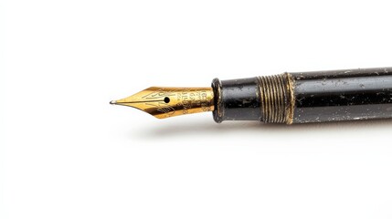 Naklejka premium Close-up of a vintage fountain pen tip on a white background, showcasing classic writing instrument elegance and craftsmanship.