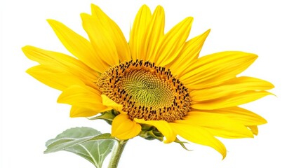 Fototapeta premium Close-up of a vibrant yellow sunflower with a green leaf, showcasing its detailed petals and textured center against a white background.