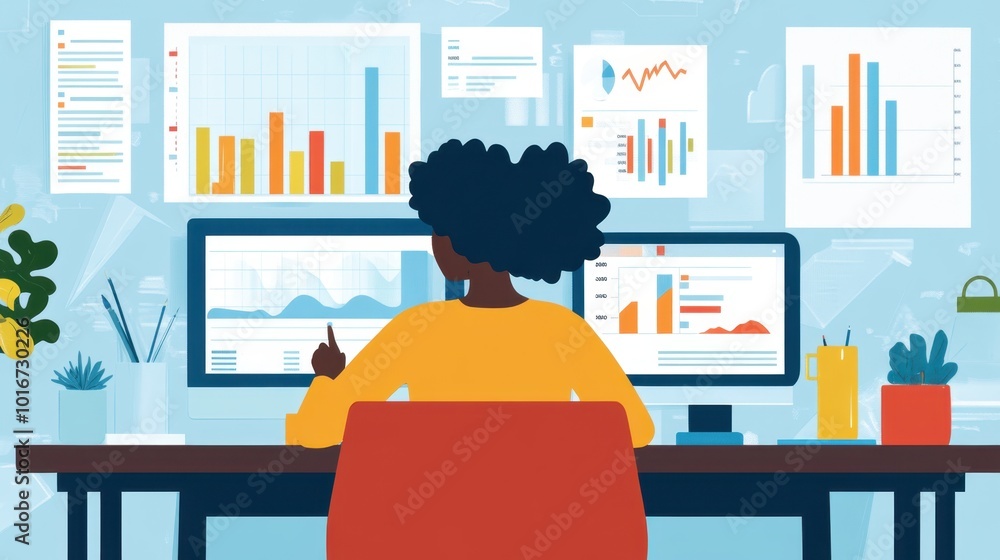 Poster analyst at her desk, surrounded by data reports and charts, concentrating on a dynamic bar graph sho