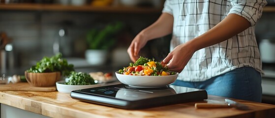 Digital kitchen scale precisely analyzing and displaying the nutritional breakdown of portion sizes for health focused meal menu planning in a smart home kitchen environment