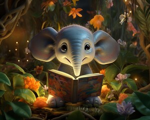 A charming young elephant reading a colorful book in a magical forest surrounded by vibrant flowers and soft glowing lights. © JROK
