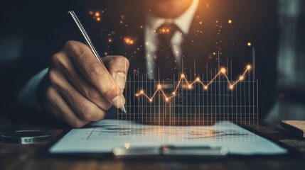 Double exposure Businessman drawings growth graph of business. Successful business, growth strategy and achieving goals with the rising arrow. Business strategy development and growing growth plan