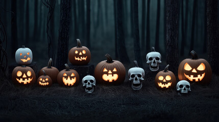 A spooky scene with carved, glowing jack-o'-lanterns and human skulls arranged in a dark, eerie forest setting