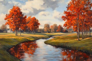 Morning view of autumn forest by the river. Autumn background illustration.