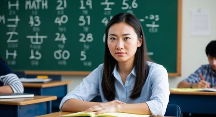 Focused Asian female high school student with math board background