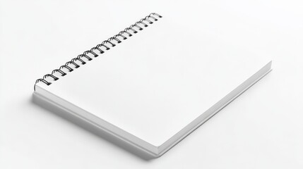 Close-up of an open spiral-bound notebook with blank white pages, resting on a white surface, ideal for writing, drawing, and note-taking.