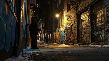 Fototapeta premium Gang Violence - Desolate Urban Alleyway at Dusk with Graffiti-Laden Walls and Spray Can Silhouette