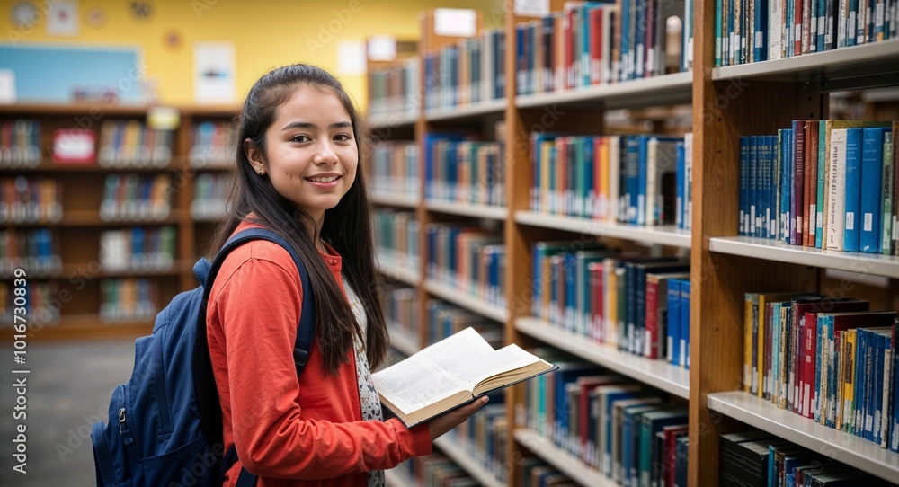 Wall mural Focused Hispanic female teen in library setting pictorial