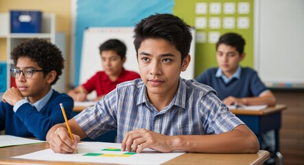 Focused Hispanic male elementary school student with math project