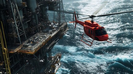 Red Helicopter Flying Over Offshore Oil Rig