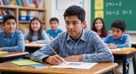 Focused Hispanic male elementary school student with math project
