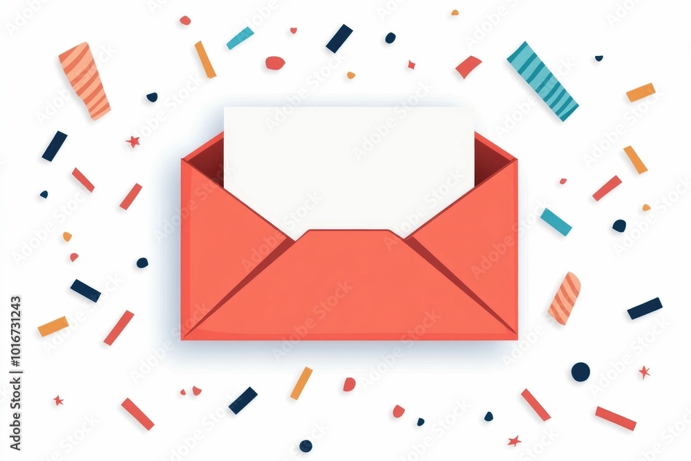 Poster vibrant of a simple invitation envelope icon surrounded by a playful confetti pattern on a clean min