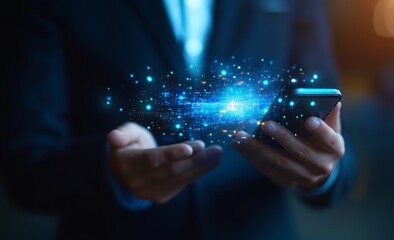 A businessman looks at his phone, which has an integrated biometric scanner and faces recognition software