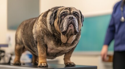 Bulldog standing on a table in a veterinary office, attentive and curious.