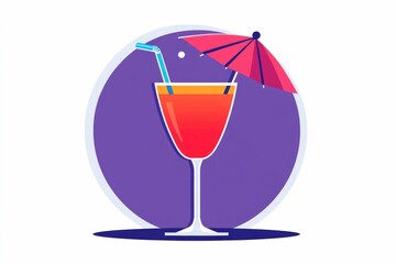 Minimalist depicting a cocktail glass with a vibrant umbrella and straw  isolated on a clean white background  This simple