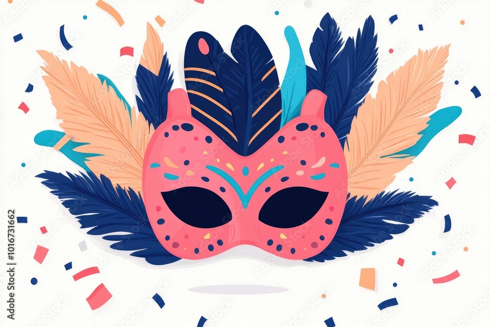 Poster vibrant and colorful of a feathered carnival mask with a burst of confetti creating a captivating an