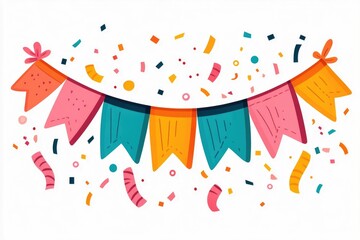 Obraz premium Vibrant icon featuring a lively party banner design with a cluster of colorful confetti streamers and pennants in a flat minimalist style against a clean white background