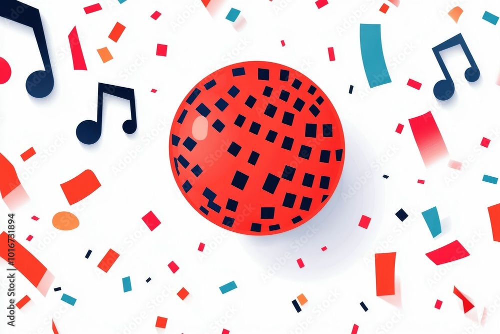 Poster vibrant of a disco ball surrounded by colorful music notes and confetti all grouped in a minimalisti