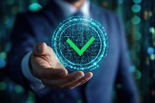 Businessman holding validated hologram of green check mark - Powered by Adobe