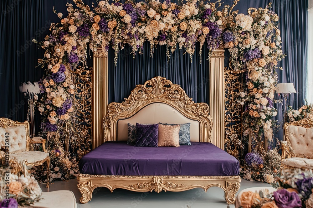 Wall mural luxury dark purple and gold bridal room decoration with modern bed, beautiful flowers and elegant ro