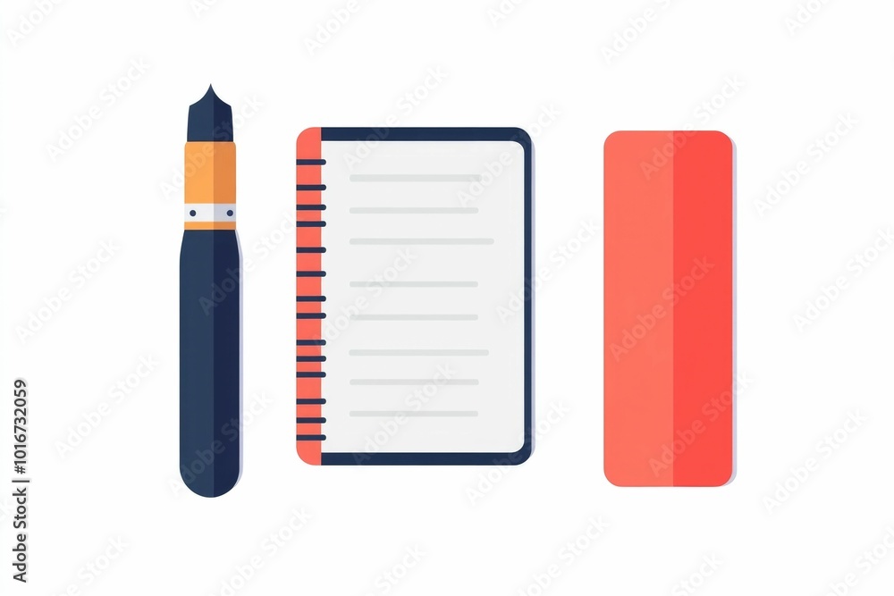Poster a simple and clean icon featuring a paintbrush a notebook and a ruler all presented in a modern and 