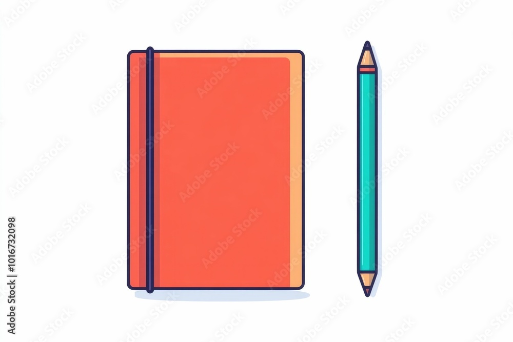 Poster depicting a simple and clean design of a notebook pencil and paper clips isolated on a plain white b