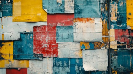 A close-up shot of a wall covered in colorful, torn, and faded posters, showcasing a vintage and urban aesthetic.