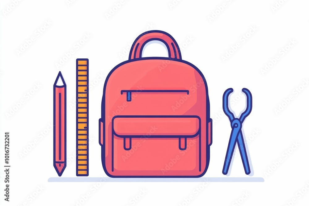 Poster minimalist icon depicting a backpack ruler and scissors arranged in a flat and simple style symboliz