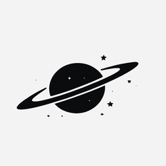 Planet with stars, simple black and white graphic design 