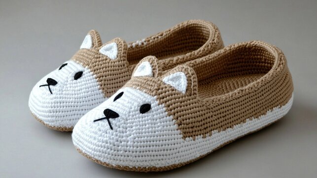 Cute crocheted slippers featuring a friendly cat face design in beige and white hues, showcasing their charming expression in a close-up setting with soft natural light