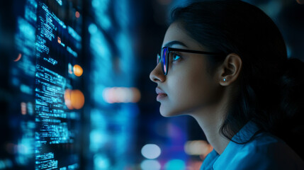 Naklejka premium Profile of indian woman with glasses looking at data on digital screen