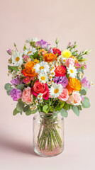Vase with colorful flowers including roses and daisies on light background