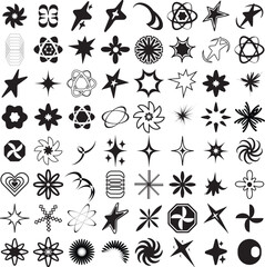 Trendy geometric brutalism Y2k elements Set for T-Shirt and logo design. Contains Retro futuristic elements and sparkle.