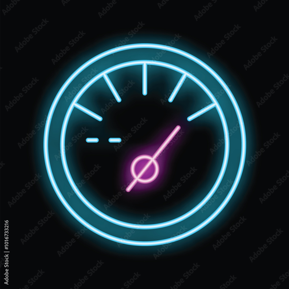 Poster glowing neon icon of a speedometer with an indicator showing increasing speed