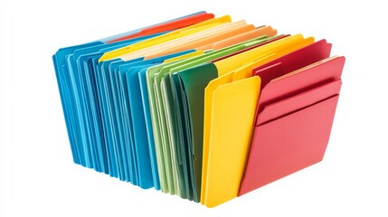 Colorful file folders neatly arranged on a white background, representing organization, office supplies, and document management.