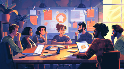 A virtual meeting where a remote work team discusses weekly goals, assigns tasks, and provides updates on ongoing projects.