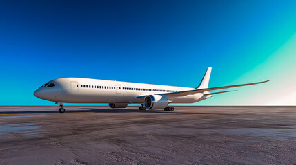 A beautiful, sleek, modern white airplane standing sideways on a runway under clear, bright, sunny weather.