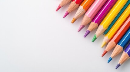 Naklejka premium Close-up of vibrant colored pencils fanned out on a white background, their colors popping against the clean surface, perfect for artistic inspiration