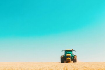 Obraz premium A tractor harvesting barley under a clear blue sky, capturing the essence of agricultural productivity. The bright daylight illuminates the golden barley field